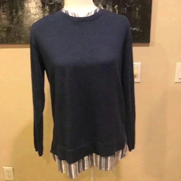 J Jill Blue Crew Neck Sweater with Silk Shirt Trim-Size -XS - Picture 1 of 14